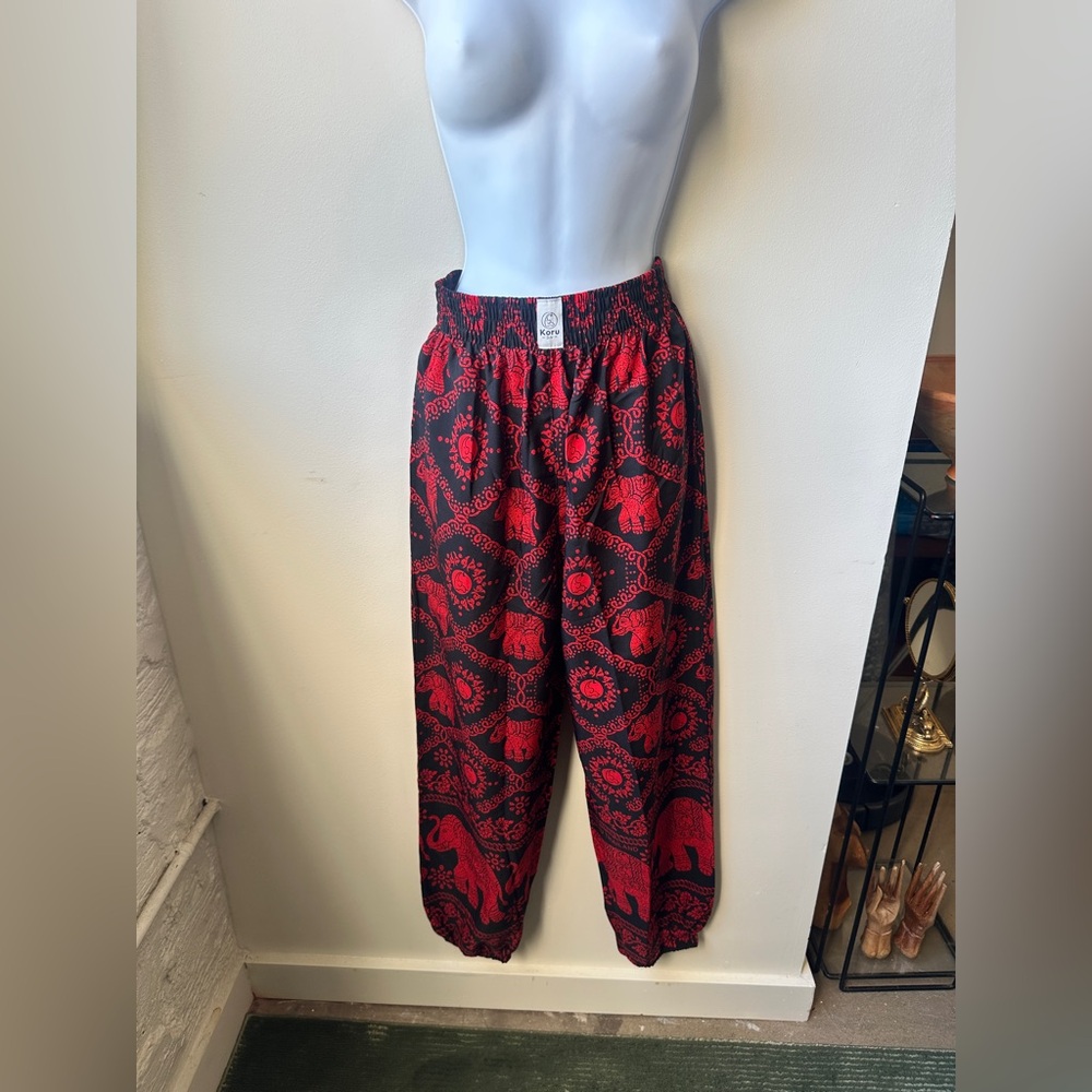Koru Black Red Elephant Harem Jogger Pants, Boho Festival Thai Style, Size S–L